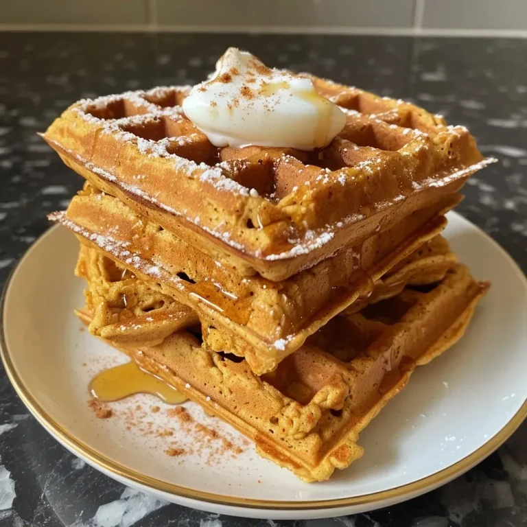 ['Close-up of golden-brown pumpkin waffles topped with whipped cream and maple syrup.', 'Side view of delicious pumpkin waffles drizzled with syrup and garnished with pecans.', 'Freshly made pumpkin waffles with a light dusting of powdered sugar and cinnamon butter.', 'Juicy pumpkin waffles with a creamy topping and warm syrup, served on a rustic plate.']