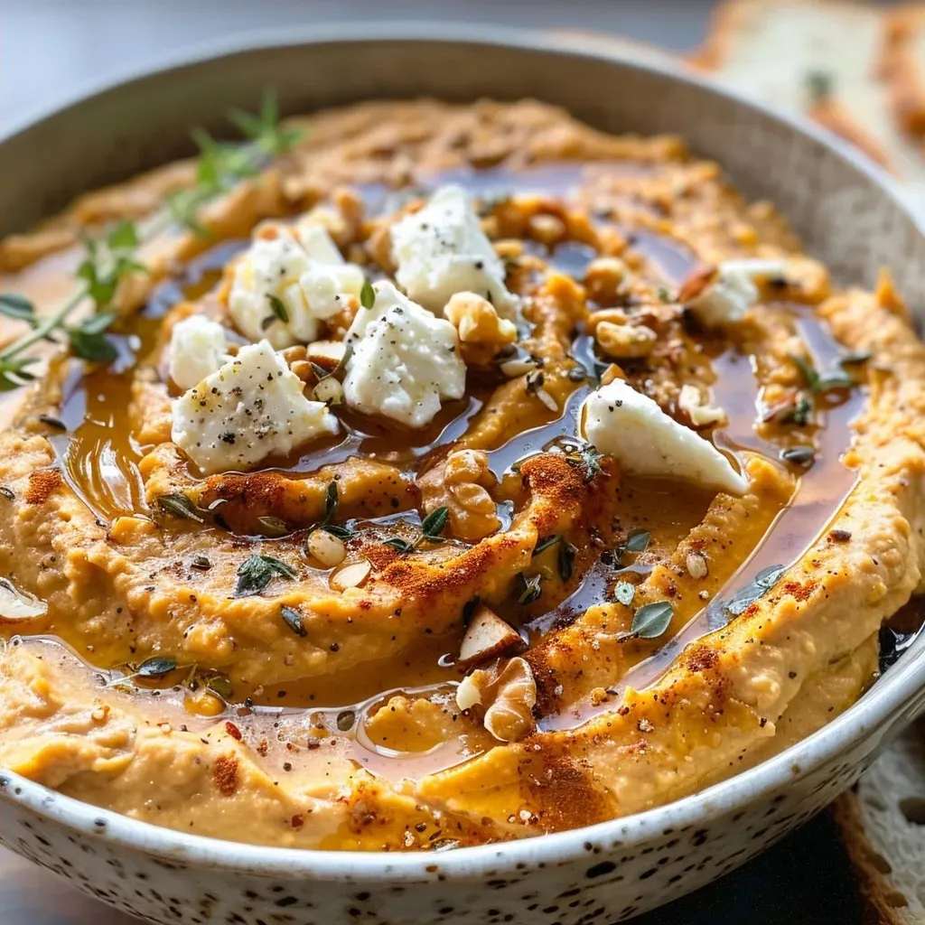 ['Close-up of creamy Pumpkin Whipped Feta Dip served in a bowl, garnished with fresh thyme and walnuts.', 'Side view of Pumpkin Whipped Feta Dip with a rustic presentation, including crusty bread for dipping.', 'Textured dip featuring orange pumpkin and white feta, topped with chopped walnuts and thyme sprigs.', 'Appetizing bowl of Pumpkin Whipped Feta Dip with a golden hue, surrounded by slices of toasted sourdough.']