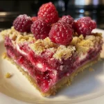['A side view of Raspberry Cheesecake Crumble Bars showcasing their layered texture and berry filling.', 'Close-up shot of Raspberry Cheesecake Crumble Bars, highlighting the juicy raspberry layer and crumbly topping.', 'A detailed side view of Raspberry Cheesecake Crumble Bars, with visible raspberry swirl and crumbled crust.', 'Close-up image of Raspberry Cheesecake Crumble Bars, emphasizing the creamy filling and crumbly layer atop.']