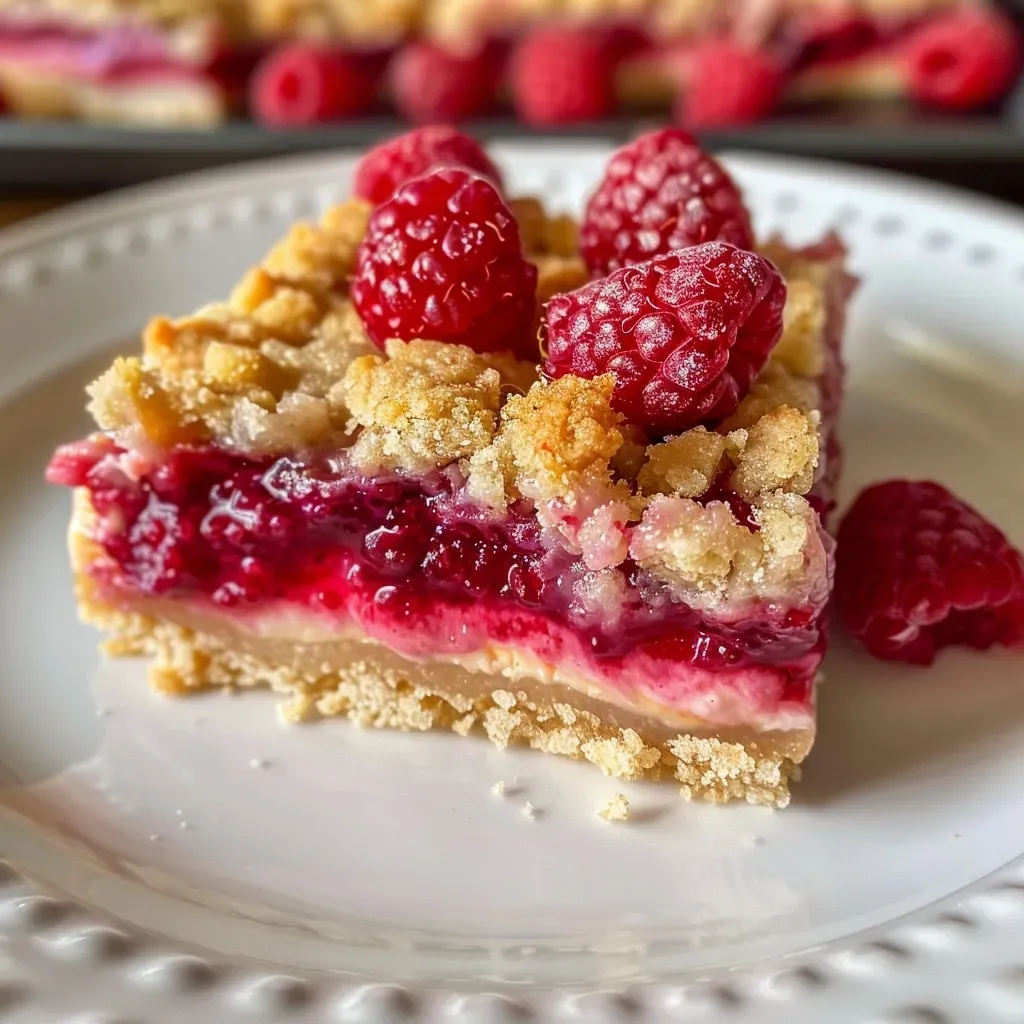 ['A side view of Raspberry Cheesecake Crumble Bars showcasing their layered texture and berry filling.', 'Close-up shot of Raspberry Cheesecake Crumble Bars, highlighting the juicy raspberry layer and crumbly topping.', 'A detailed side view of Raspberry Cheesecake Crumble Bars, with visible raspberry swirl and crumbled crust.', 'Close-up image of Raspberry Cheesecake Crumble Bars, emphasizing the creamy filling and crumbly layer atop.']