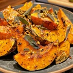 ['Close-up view of roasted pumpkin wedges with sage and garlic, arranged on a plate.', 'A side view of golden-brown roasted pumpkin slices, garnished with fresh sage leaves and garlic cloves.', 'Juicy wedges of roast pumpkin drizzled with brown butter, featuring crushed garlic and sage.', 'Deliciously browned pumpkin pieces sprinkled with pepitas, showcasing a richly textured surface.']
