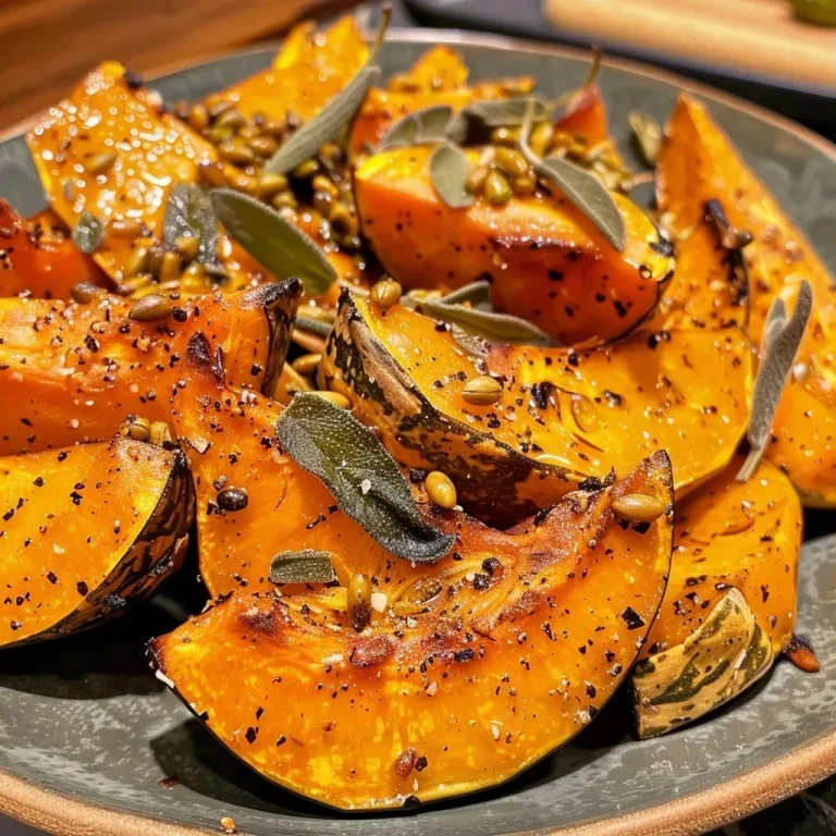 ['Close-up view of roasted pumpkin wedges with sage and garlic, arranged on a plate.', 'A side view of golden-brown roasted pumpkin slices, garnished with fresh sage leaves and garlic cloves.', 'Juicy wedges of roast pumpkin drizzled with brown butter, featuring crushed garlic and sage.', 'Deliciously browned pumpkin pieces sprinkled with pepitas, showcasing a richly textured surface.']