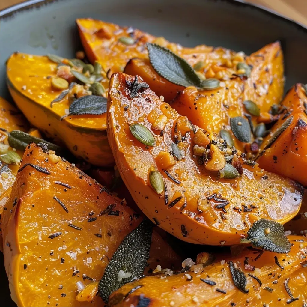 ['Close-up view of roasted pumpkin wedges with sage and garlic, arranged on a plate.', 'A side view of golden-brown roasted pumpkin slices, garnished with fresh sage leaves and garlic cloves.', 'Juicy wedges of roast pumpkin drizzled with brown butter, featuring crushed garlic and sage.', 'Deliciously browned pumpkin pieces sprinkled with pepitas, showcasing a richly textured surface.']