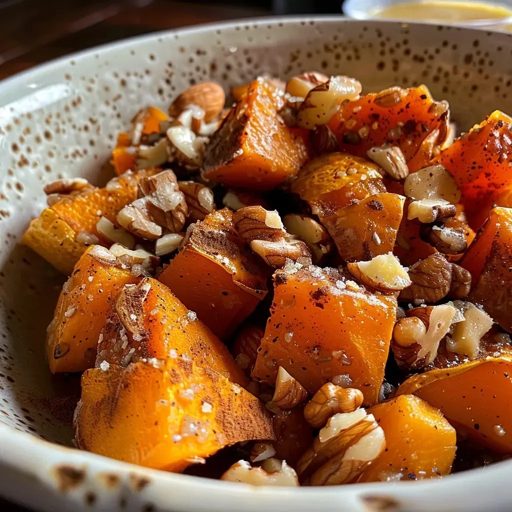 ['Close-up of juicy roasted butternut squash slices with a golden-brown glaze.', 'Side view of perfectly roasted butternut squash, showcasing its caramelized edges.', 'A vibrant plate of roasted butternut squash, highlighting its tender texture and seasoning.', 'Detailed shot of roasted butternut squash with herbs, emphasizing its rich color and appeal.']