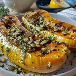 ['Close-up of roasted delicata squash garnished with granola and herbs.', 'Side view of sliced roasted delicata squash with spiced granola topping.', 'Juicy roasted delicata squash drizzled with maple syrup and sprinkled with seeds.', 'Freshly roasted delicata squash served with rosemary granola on a plate.']