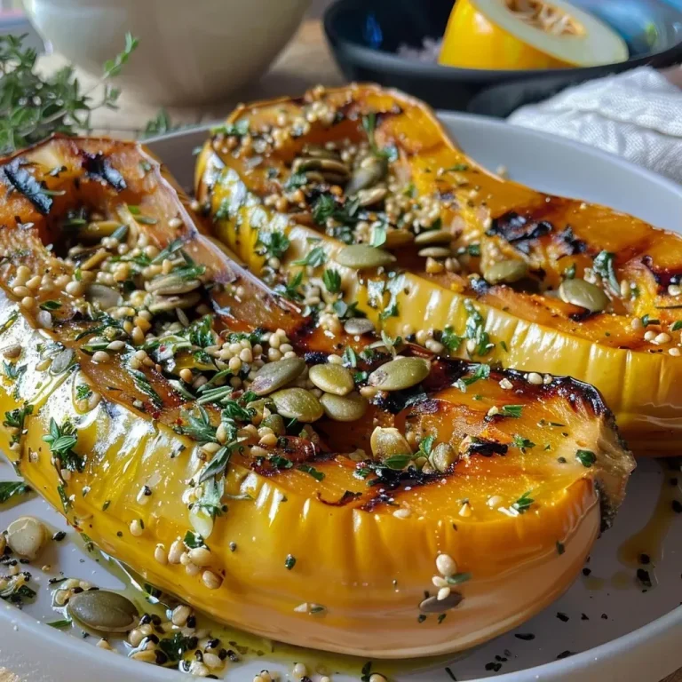 ['Close-up of roasted delicata squash garnished with granola and herbs.', 'Side view of sliced roasted delicata squash with spiced granola topping.', 'Juicy roasted delicata squash drizzled with maple syrup and sprinkled with seeds.', 'Freshly roasted delicata squash served with rosemary granola on a plate.']