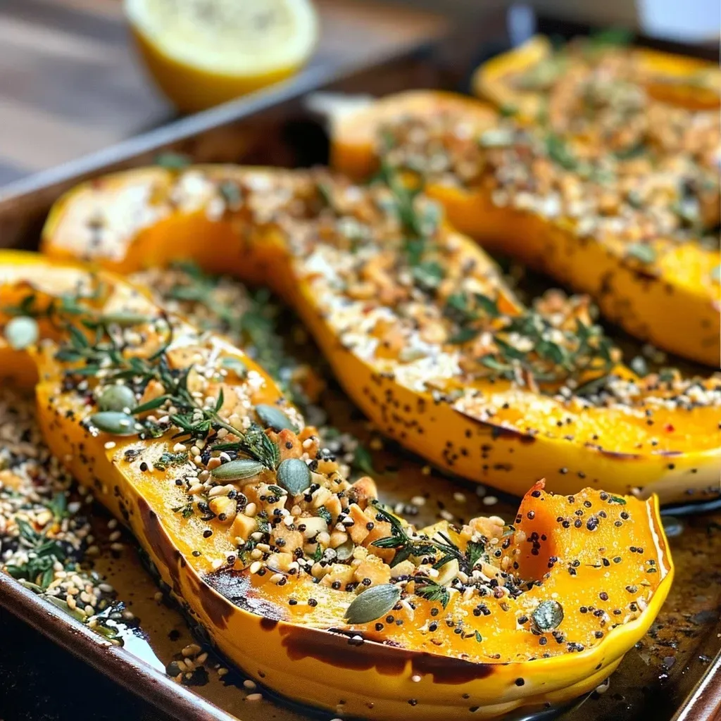 Close-up of roasted delicata squash garnished with granola and herbs.