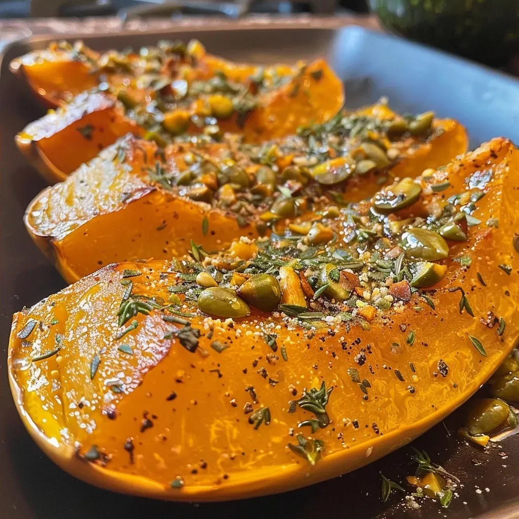 Image of roasted honeynut squash, golden brown and garnished with thyme and pepitas.