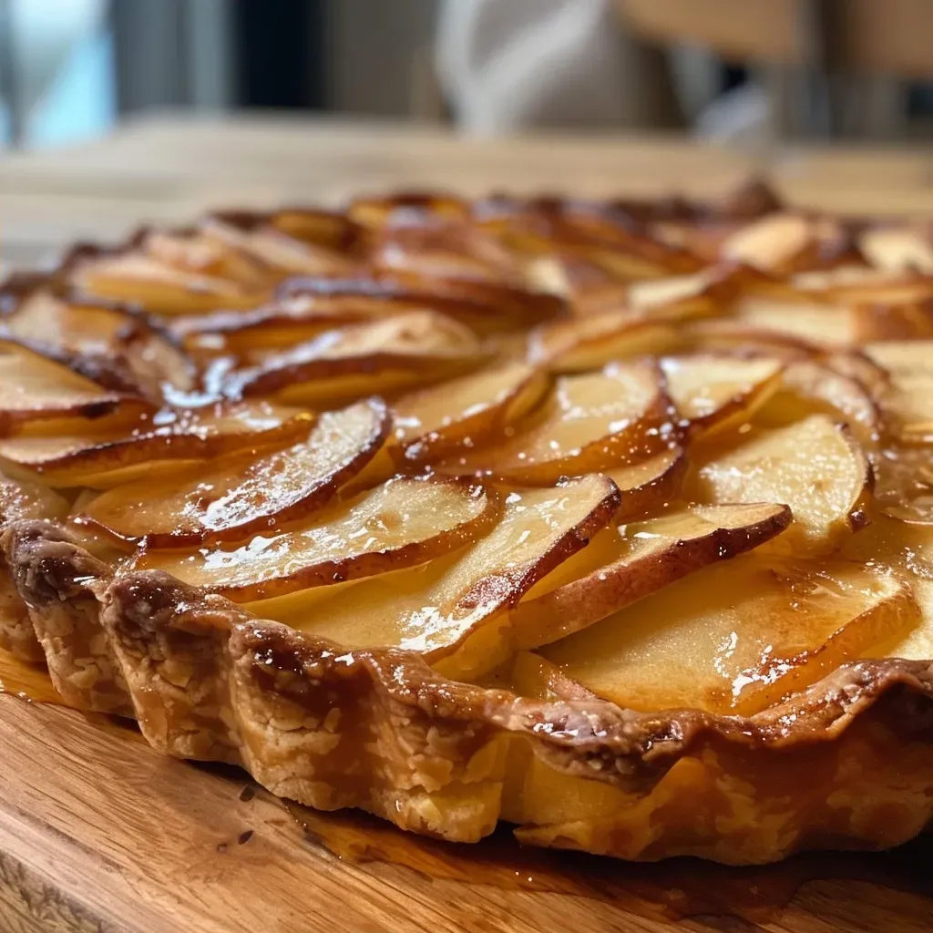 ['Close-up of a rustic apple tart with golden crust and juicy apple slices.', 'Side view of a delicious apple tart, showcasing its flaky pastry and apple filling.', 'Detailed shot of a homemade apple tart, featuring a sprinkle of cinnamon and almond powder.', 'Rustic apple tart with a glossy finish, highlighting the baked apple slices on top.']