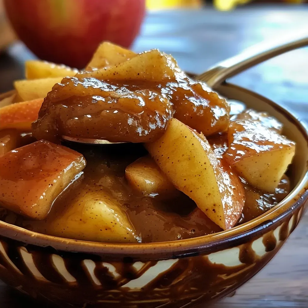['Close-up view of a jar filled with rich salted caramel apple butter.', 'Side angle of creamy salted caramel apple butter in a glass container.', 'Thick, glossy salted caramel apple butter with a smooth texture, in a bowl.', 'Spoon scooping out luscious salted caramel apple butter from a jar.']