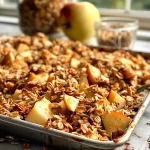 ['A delicious close-up view of salted caramel apple granola with oats and apple pieces.', 'Side view of a crunchy granola mix featuring apple bits and a glossy caramel finish.', 'An appetizing display of salted caramel apple granola, showcasing its golden oats and apple slices.', 'Textured granola highlighting caramel drizzles and pieces of fresh apple.']