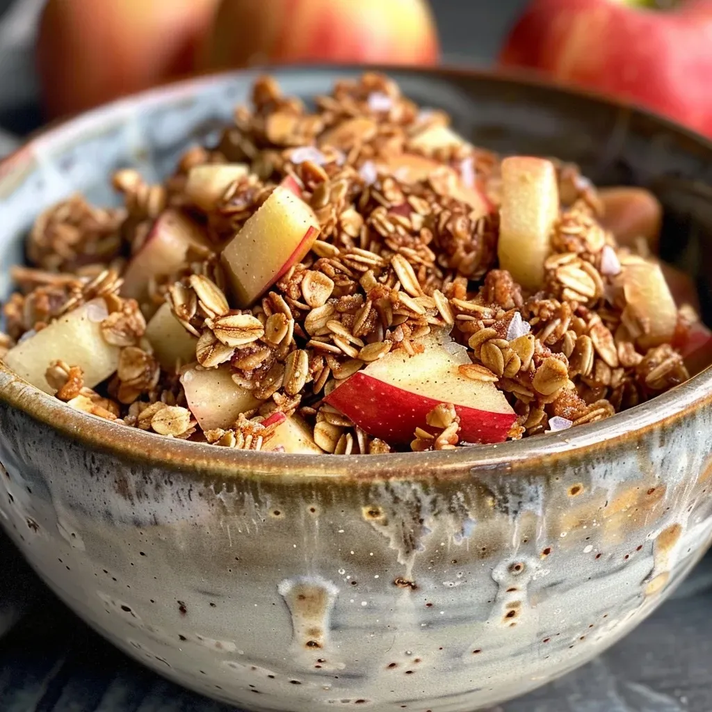 A delicious close-up view of salted caramel apple granola with oats and apple pieces.