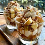 ['Close-up of a layered salted caramel apple parfait in a glass cup, featuring chunks of apples and cream.', 'Side view of a delicious salted caramel apple parfait showcasing alternating layers of apples, cream, and caramel.', 'Detailed shot of a salted caramel apple parfait with visible layers of oats, caramel sauce, and apple chunks.', 'Creamy salted caramel apple parfait in a clear glass, highlighting the textures of oats and apple pieces.']