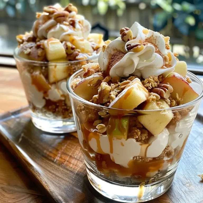 ['Close-up of a layered salted caramel apple parfait in a glass cup, featuring chunks of apples and cream.', 'Side view of a delicious salted caramel apple parfait showcasing alternating layers of apples, cream, and caramel.', 'Detailed shot of a salted caramel apple parfait with visible layers of oats, caramel sauce, and apple chunks.', 'Creamy salted caramel apple parfait in a clear glass, highlighting the textures of oats and apple pieces.']