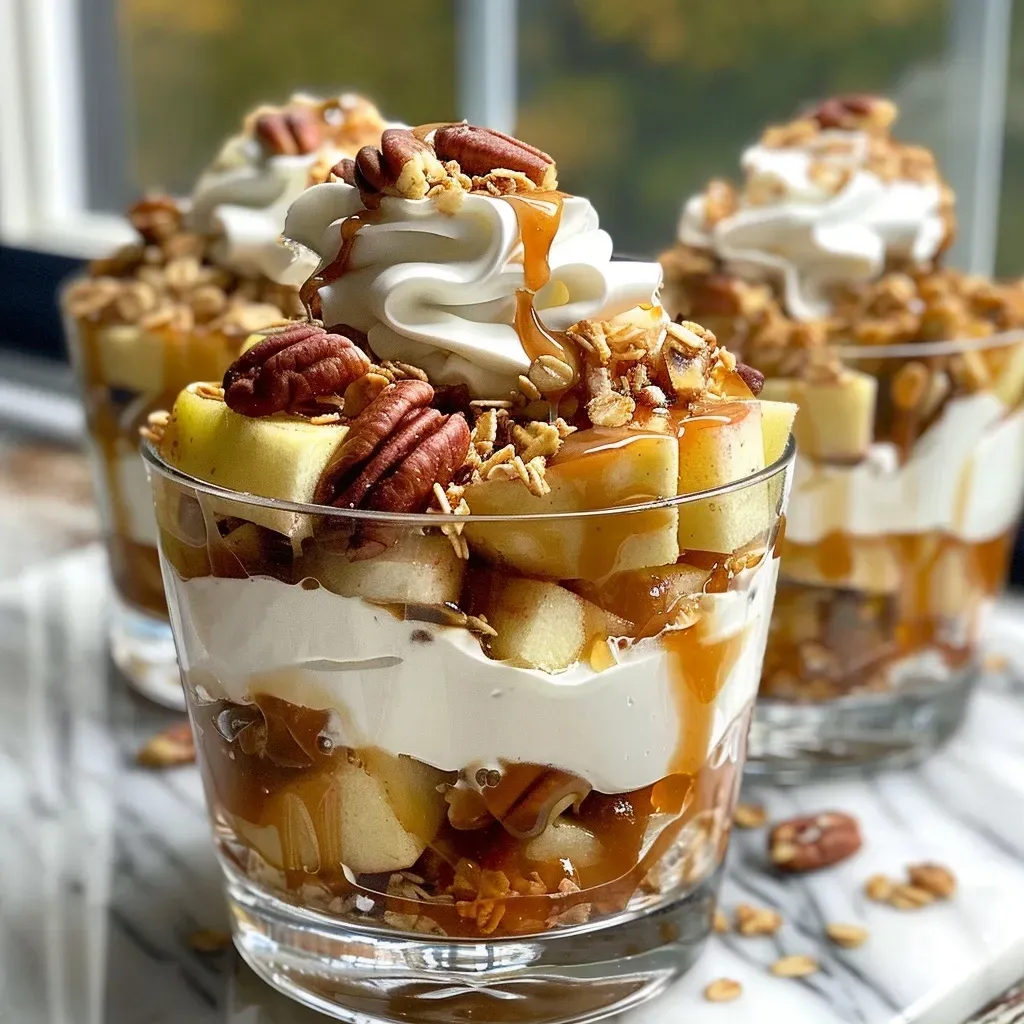 ['Close-up of a layered salted caramel apple parfait in a glass cup, featuring chunks of apples and cream.', 'Side view of a delicious salted caramel apple parfait showcasing alternating layers of apples, cream, and caramel.', 'Detailed shot of a salted caramel apple parfait with visible layers of oats, caramel sauce, and apple chunks.', 'Creamy salted caramel apple parfait in a clear glass, highlighting the textures of oats and apple pieces.']