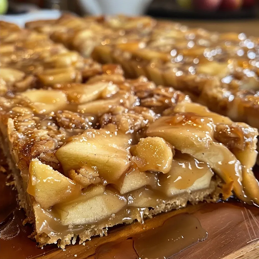 ['Juicy salted caramel apple pie bars on a plate, showcasing a side view with a golden crust.', 'Close-up of salted caramel apple pie bars displaying layers of baked apples and caramel drizzle.', 'Side view of rich salted caramel apple pie bars, highlighting the crumbly crust and apple filling.', 'Deliciously layered salted caramel apple pie bars on a white plate, topped with caramel sauce.']