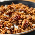 ['Close-up view of golden-brown salted maple pecan granola with shiny maple syrup.', 'Side angle of a crunchy granola mixture featuring pecans and coconut flakes.', 'Detailed shot of homemade granola with visible oats, pecans, and a glossy finish.', 'Tasty salted maple pecan granola in a bowl, showcasing its rich ingredients.']