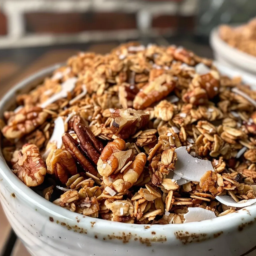 ['Close-up view of golden-brown salted maple pecan granola with shiny maple syrup.', 'Side angle of a crunchy granola mixture featuring pecans and coconut flakes.', 'Detailed shot of homemade granola with visible oats, pecans, and a glossy finish.', 'Tasty salted maple pecan granola in a bowl, showcasing its rich ingredients.']