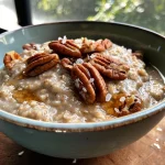 ['Close-up of a bowl of Salted Maple Pecan Porridge, featuring chopped pecans and drizzled maple syrup.', 'Side view of creamy porridge topped with pecans and a sprinkle of sea salt, captured on an iPhone 15 Pro.', 'Rich, textured porridge with crunchy pecans and a glossy maple syrup finish, presented in a rustic bowl.', 'Delicious Salted Maple Pecan Porridge shown in a close-up, highlighting the ingredients and creamy consistency.']