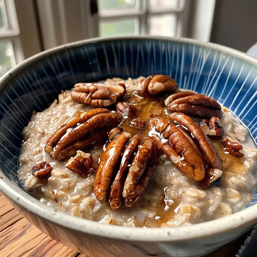 ['Close-up of a bowl of Salted Maple Pecan Porridge, featuring chopped pecans and drizzled maple syrup.', 'Side view of creamy porridge topped with pecans and a sprinkle of sea salt, captured on an iPhone 15 Pro.', 'Rich, textured porridge with crunchy pecans and a glossy maple syrup finish, presented in a rustic bowl.', 'Delicious Salted Maple Pecan Porridge shown in a close-up, highlighting the ingredients and creamy consistency.']