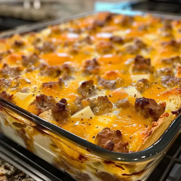['Close-up view of a sliced breakfast casserole with sausage and eggs.', 'Juicy sausage and egg casserole displayed in a baking dish.', 'Detailed shot of a savory breakfast casserole with melted cheese on top.', 'Side view of a breakfast casserole showcasing layers of sausage and bread.']