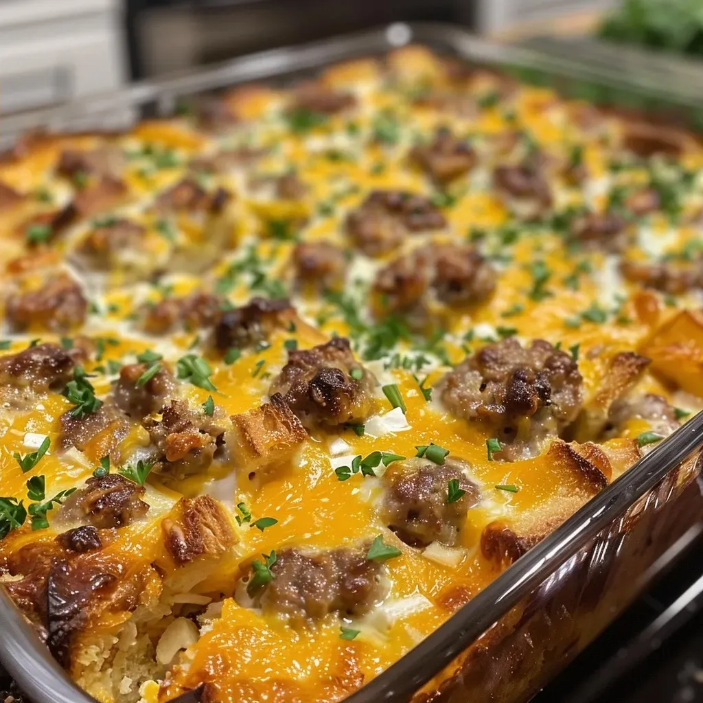 ['Close-up view of a sliced breakfast casserole with sausage and eggs.', 'Juicy sausage and egg casserole displayed in a baking dish.', 'Detailed shot of a savory breakfast casserole with melted cheese on top.', 'Side view of a breakfast casserole showcasing layers of sausage and bread.']