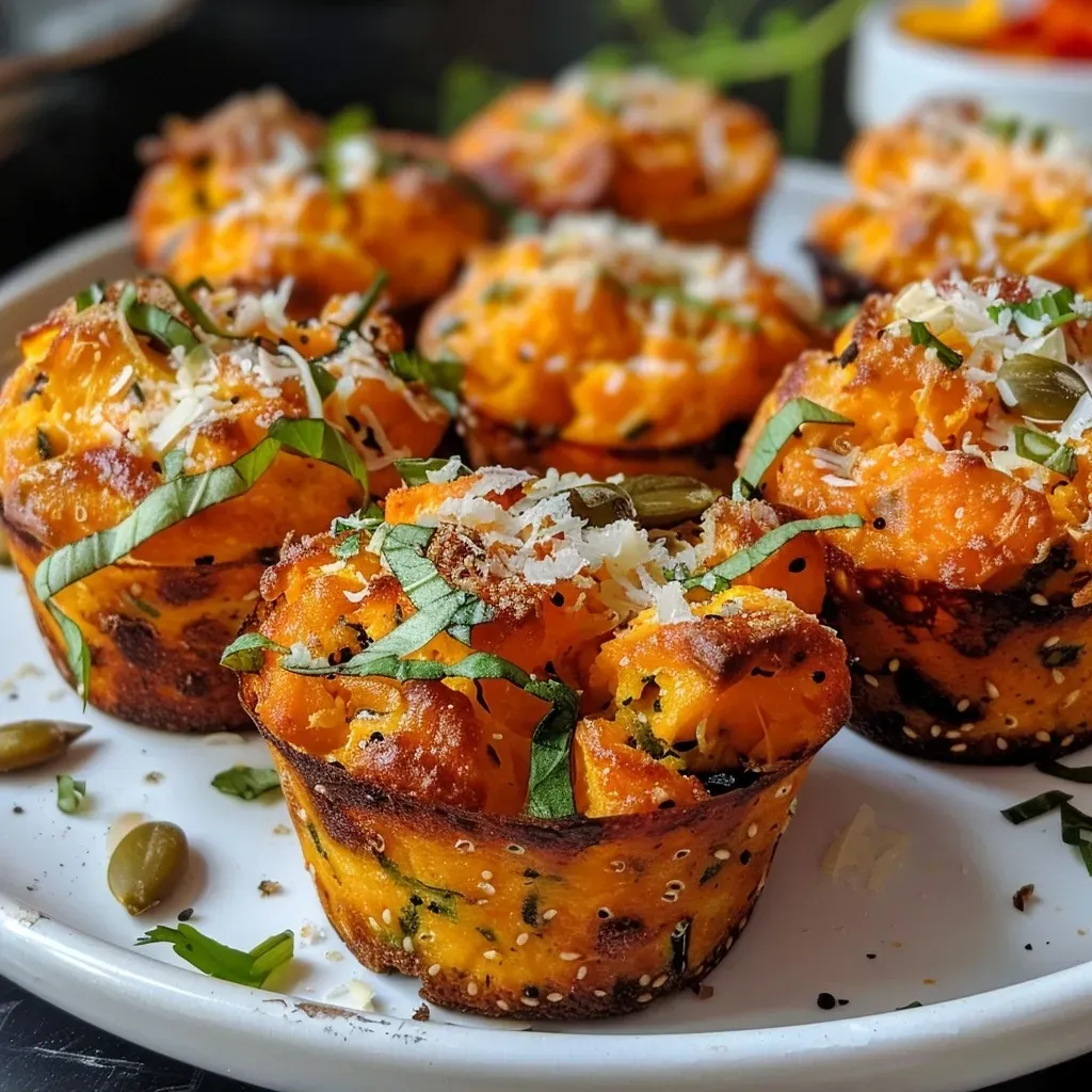 ['Close-up view of a savory sweet potato muffin, showcasing its golden-brown top and moist interior.', 'Side view of a freshly baked savory sweet potato muffin, highlighting its texture and ingredients.', 'Detailed image of a savory sweet potato muffin, focusing on the sprinkled parmesan cheese and colorful toppings.', 'Side shot of a deliciously baked savory sweet potato muffin, revealing the fluffy texture and vibrant spring onions.']