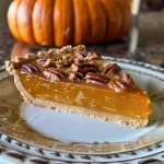 ['Side view of a Sea Salted Pumpkin Praline Tart with a golden crust and shiny praline topping.', 'Close-up image showcasing a pumpkin tart with a sprinkle of flaky sea salt on top.', 'Juicy pumpkin praline tart featuring a textured crust and visible pecan pieces.', 'A delicious slice of Sea Salted Pumpkin Praline Tart, highlighting its creamy filling and caramelized nuts.']
