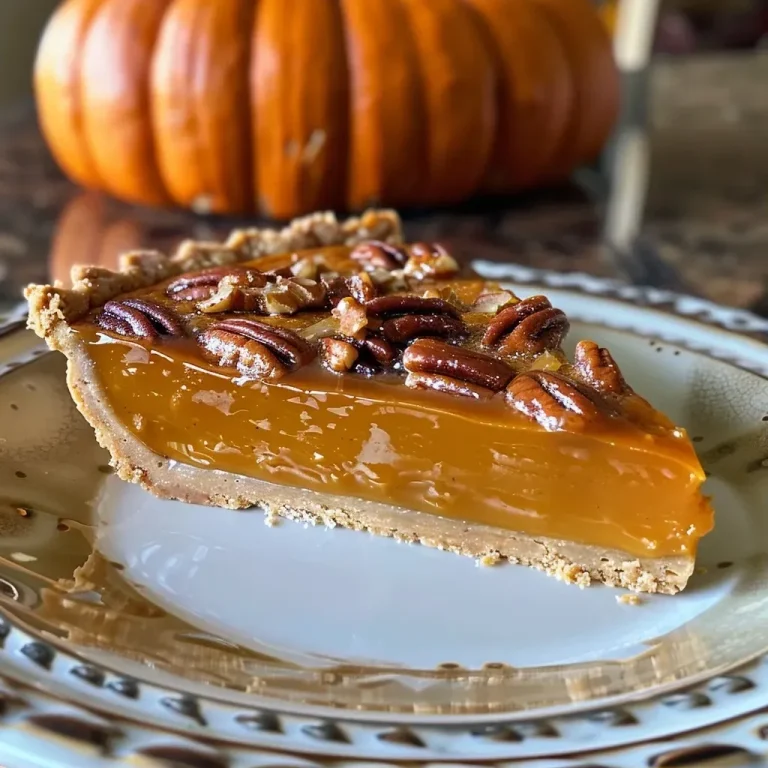 ['Side view of a Sea Salted Pumpkin Praline Tart with a golden crust and shiny praline topping.', 'Close-up image showcasing a pumpkin tart with a sprinkle of flaky sea salt on top.', 'Juicy pumpkin praline tart featuring a textured crust and visible pecan pieces.', 'A delicious slice of Sea Salted Pumpkin Praline Tart, highlighting its creamy filling and caramelized nuts.']