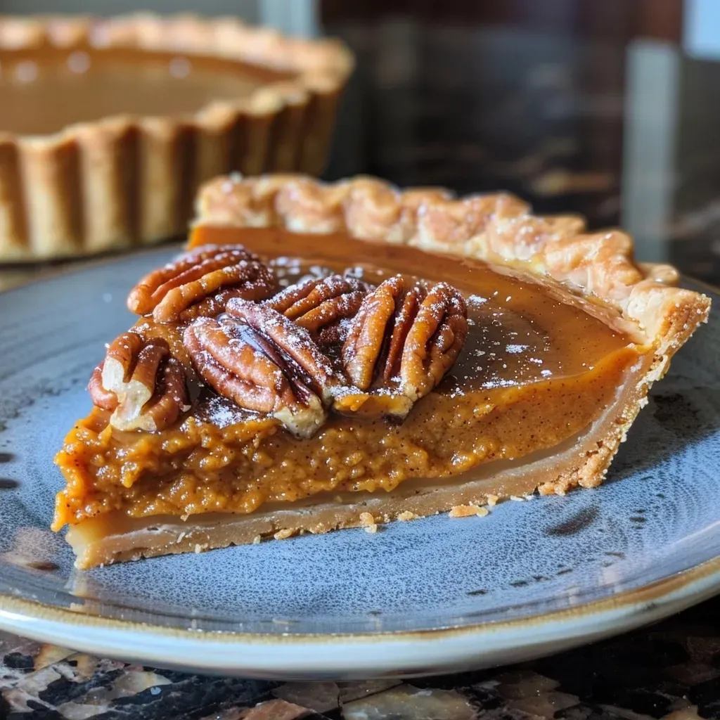 ['Side view of a Sea Salted Pumpkin Praline Tart with a golden crust and shiny praline topping.', 'Close-up image showcasing a pumpkin tart with a sprinkle of flaky sea salt on top.', 'Juicy pumpkin praline tart featuring a textured crust and visible pecan pieces.', 'A delicious slice of Sea Salted Pumpkin Praline Tart, highlighting its creamy filling and caramelized nuts.']