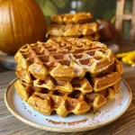 ['Close-up view of golden-brown pumpkin waffles, showcasing their fluffy texture and warm color.', 'Side view of delicious pumpkin waffles with a slight sheen, highlighting their moist surface.', 'Tantalizing pumpkin waffles stacked, capturing their inviting shape and rich, autumnal color.', 'A tempting plate of pumpkin waffles, emphasizing their crispy edges and soft middle.']