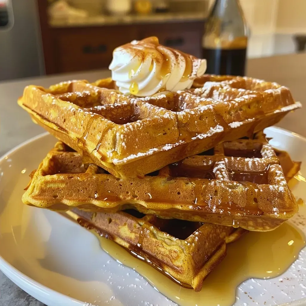 ['Close-up view of golden-brown pumpkin waffles, showcasing their fluffy texture and warm color.', 'Side view of delicious pumpkin waffles with a slight sheen, highlighting their moist surface.', 'Tantalizing pumpkin waffles stacked, capturing their inviting shape and rich, autumnal color.', 'A tempting plate of pumpkin waffles, emphasizing their crispy edges and soft middle.']