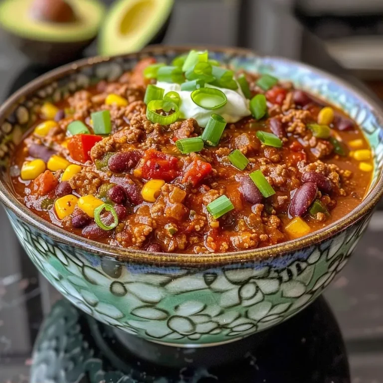 ['Close-up view of a hearty bowl of Slow Cooker Protein Chili with colorful toppings.', 'Juicy Slow Cooker Protein Chili garnished with avocado, sour cream, and green onions.', 'Delicious protein-rich chili in a bowl, featuring beans, meat, and vibrant vegetables.', 'Side view of a thick, savory Slow Cooker Protein Chili showcasing its rich texture and ingredients.']