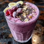 ['Close-up view of a colorful, healthy smoothie with fruit and nuts, displayed in a glass.', 'Side angle of a vibrant smoothie filled with berries, bananas, and avocado ingredients.', 'A refreshing smoothie made without a blender, showcasing layered fruits and nut butter.', 'Juicy smoothie ingredients including ripe berries and mango, presented in a stylish glass.']