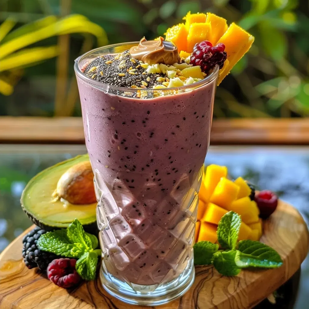 ['Close-up view of a colorful, healthy smoothie with fruit and nuts, displayed in a glass.', 'Side angle of a vibrant smoothie filled with berries, bananas, and avocado ingredients.', 'A refreshing smoothie made without a blender, showcasing layered fruits and nut butter.', 'Juicy smoothie ingredients including ripe berries and mango, presented in a stylish glass.']