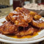 ['A close-up view of soft cinnamon apple fritters coated in a vanilla glaze.', 'Side view of golden-brown apple fritters drizzled with white vanilla icing.', 'Juicy apple fritters topped with a glossy vanilla glaze on a wooden table.', 'Appetizing cinnamon apple fritters with a smooth vanilla glaze in a rustic setting.']