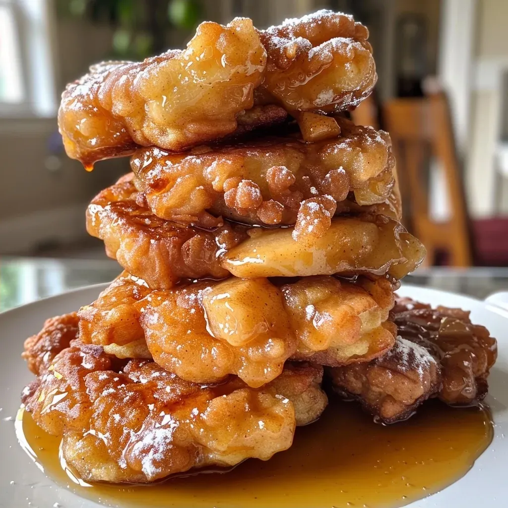 ['A close-up view of soft cinnamon apple fritters coated in a vanilla glaze.', 'Side view of golden-brown apple fritters drizzled with white vanilla icing.', 'Juicy apple fritters topped with a glossy vanilla glaze on a wooden table.', 'Appetizing cinnamon apple fritters with a smooth vanilla glaze in a rustic setting.']