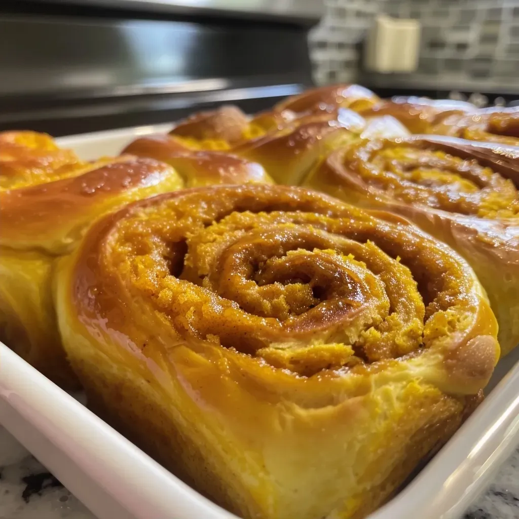 ['Golden-brown pumpkin rolls stacked on a plate, with a slight sheen from butter.', 'Fluffy, soft pumpkin rolls with a light dusting of flour, arranged neatly.', 'A close-up of freshly baked pumpkin rolls, showcasing their tender texture.', 'Warm pumpkin rolls in a rustic setting, emphasizing their inviting appearance.']