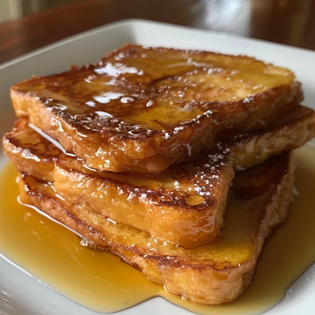 ['Close-up view of golden-brown sourdough French toast with syrup drizzle.', 'Side view of fluffy sourdough French toast topped with powdered sugar and berries.', 'Juicy slices of sourdough French toast garnished with a rich caramel sauce.', 'Delicious sourdough French toast served on a plate with a fork beside it.']