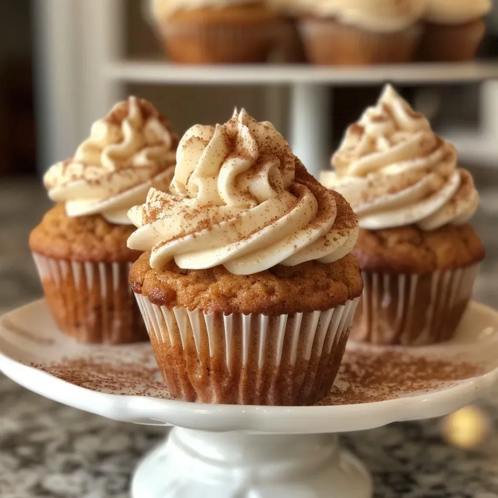 ['Close-up side view of moist spice cake cupcakes topped with cream cheese frosting.', 'Delicious spice cake cupcakes decorated with creamy frosting and a sprinkle of spices.', 'An enticing side view of freshly baked spice cake cupcakes with frosting on top.', 'Juicy spice cake cupcakes with a smooth layer of cream cheese frosting displayed at an angle.']