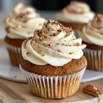 ['Close-up of spice cupcakes topped with cream cheese frosting and pecans.', 'Side view of delicious spice cupcakes with creamy frosting and nut garnish.', 'Juicy spice cupcakes with a thick layer of cream cheese icing and chopped pecans.', 'Detailed view of festive spice cupcakes with cream cheese frosting and crunchy toppings.']