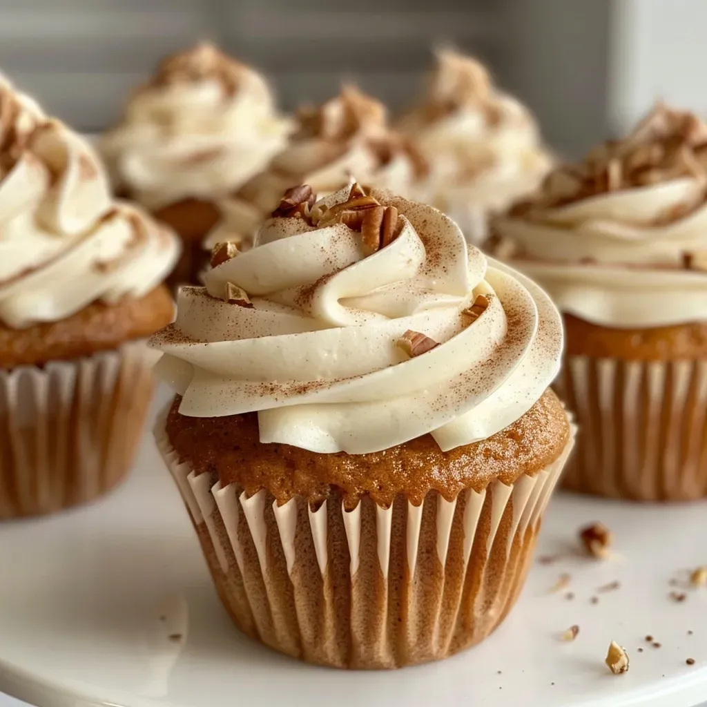 ['Close-up of spice cupcakes topped with cream cheese frosting and pecans.', 'Side view of delicious spice cupcakes with creamy frosting and nut garnish.', 'Juicy spice cupcakes with a thick layer of cream cheese icing and chopped pecans.', 'Detailed view of festive spice cupcakes with cream cheese frosting and crunchy toppings.']