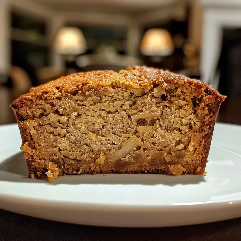 A close-up side view of a loaf of spiced applesauce bread with a golden-brown crust.