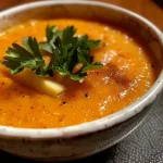 ['Close-up view of a bowl of Spiced Carrot-Apple Soup, showcasing its orange color and garnishes.', 'Side view of a creamy Spiced Carrot-Apple Soup in a white bowl, with visible carrot and apple pieces.', 'Delicious Spiced Carrot-Apple Soup served in a dish, with a sprinkle of fresh parsley on top.', 'A vibrant bowl of Spiced Carrot-Apple Soup, highlighting the texture and spices used in the recipe.']