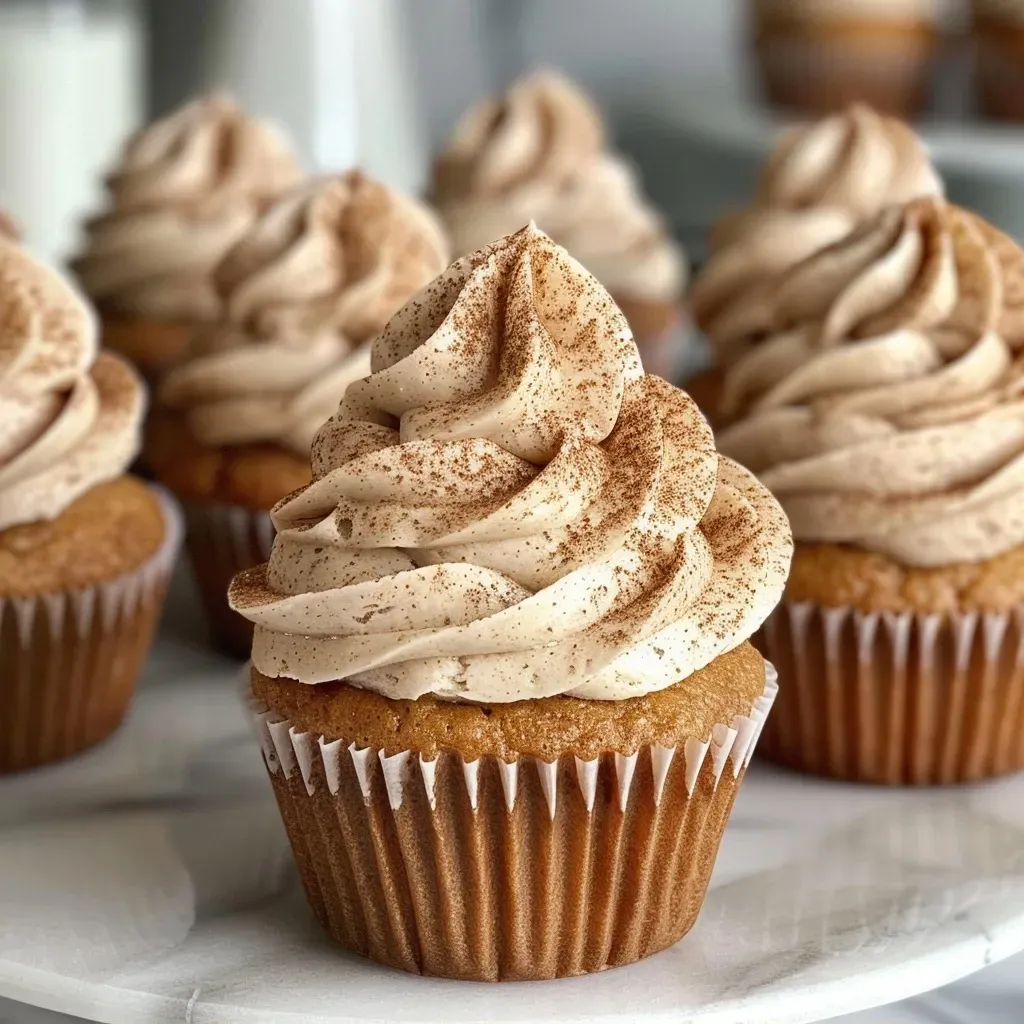 ['A side view of a spiced chai latte cupcake topped with creamy frosting and a sprinkle of cinnamon.', 'Close-up of a moist spiced chai latte cupcake showcasing its cinnamon-infused frosting.', 'A deliciously decorated spiced chai latte cupcake viewed from the side, adorned with spices.', 'A vibrant side profile of a spiced chai latte cupcake, emphasizing its creamy icing and spice mix.']