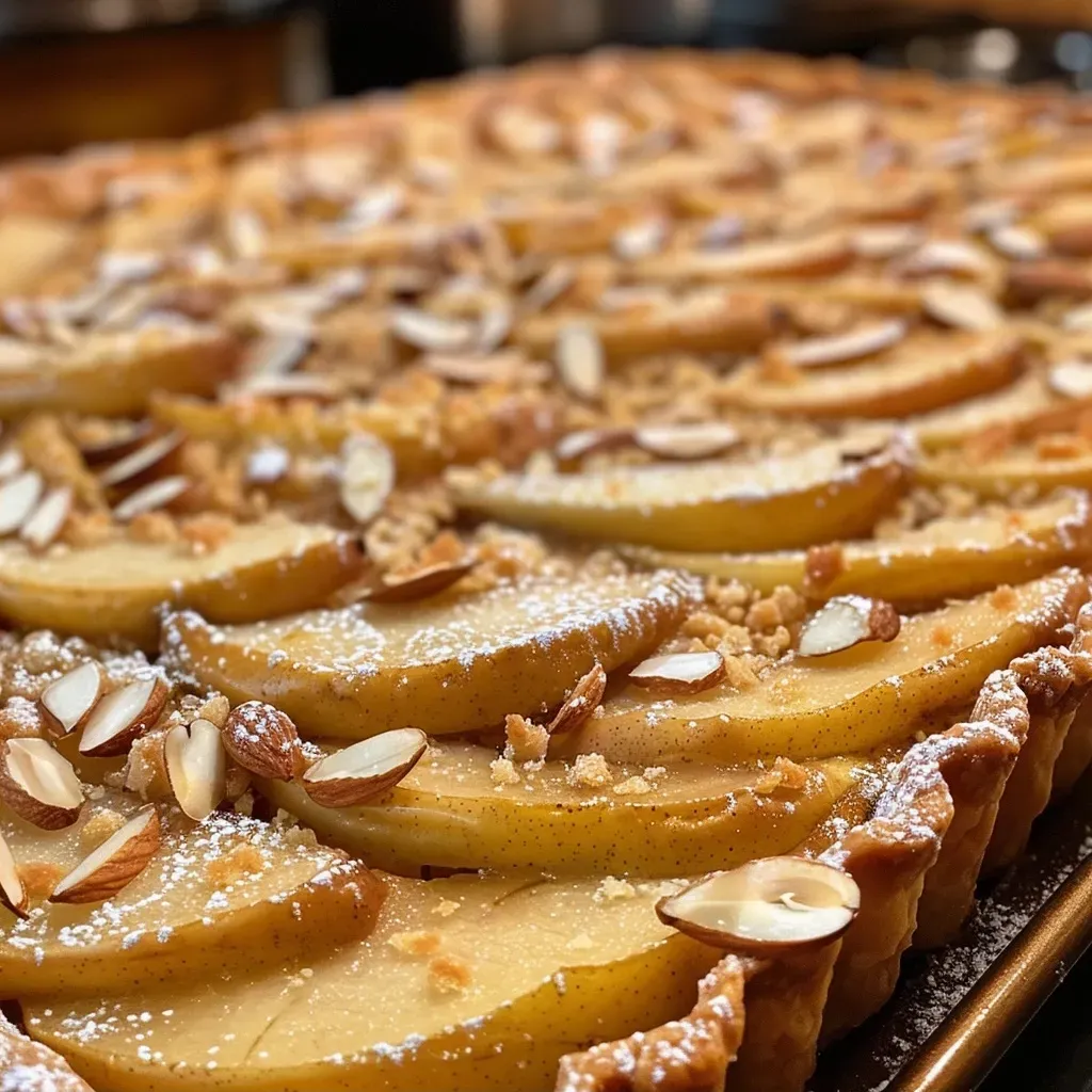 Close-up view of a spiced pear and almond tart showcasing its golden crust and juicy fruit filling.