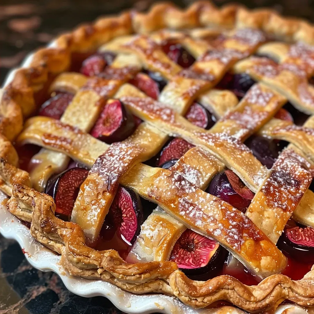 Close-up view of a Spiced Plum Fig Pie with glistening fruit filling and a golden crust.