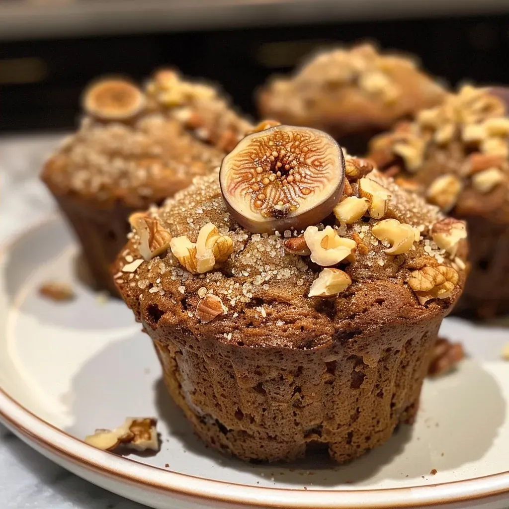 ['Close-up of a spiced walnut and fig muffin with a golden-brown top.', 'Side view of a freshly baked muffin with pieces of fig and walnut visible.', 'Juicy and delicious muffin showcasing spiced ingredients and a textured surface.', 'Detailed view of a walnut fig muffin, highlighting its moist interior and specks of nuts.']