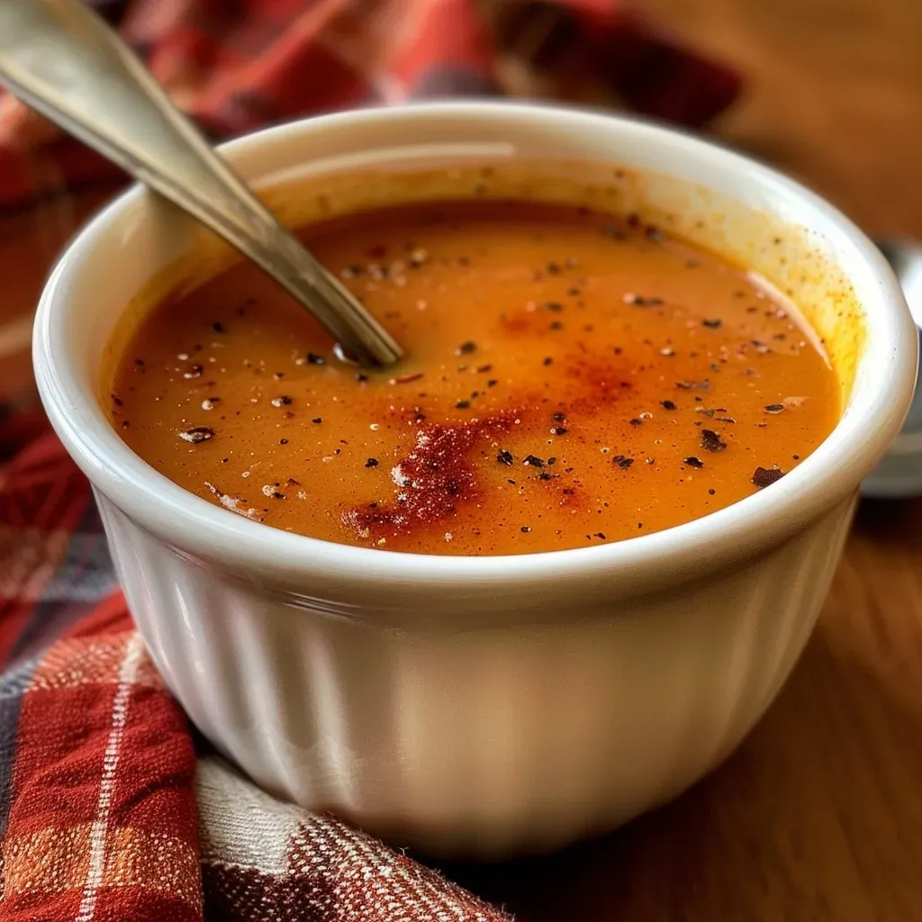 ['Close-up view of a bowl of spicy apple soup with a garnish.', 'Side view of a creamy, vibrant spicy apple soup in a rustic bowl.', 'Close-up of a spoonful of spicy apple soup showcasing its texture.', 'Detailed look at a bowl of spicy apple soup with visible apple chunks.']