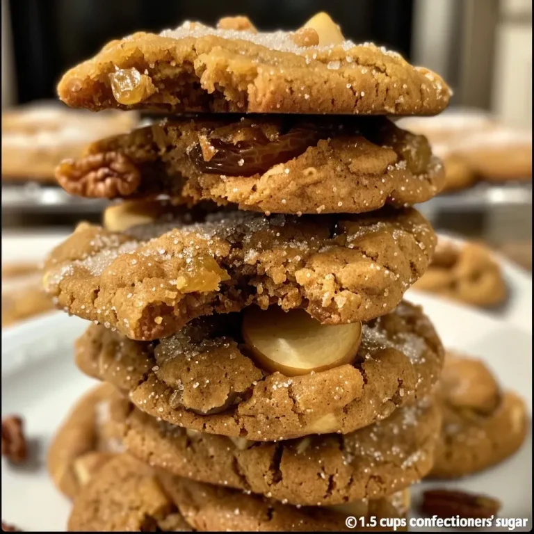 ['Close-up side view of freshly baked Spicy Pear Cookies with a glossy icing.', 'Juicy Spicy Pear Cookies showcasing diced pears and a sprinkle of spices in a side view.', 'Side view of delectable Spicy Pear Cookies with visible ingredients like walnuts and raisins.', 'Appetizing Spicy Pear Cookies highlighted with a soft texture and rich color in a close-up shot.']